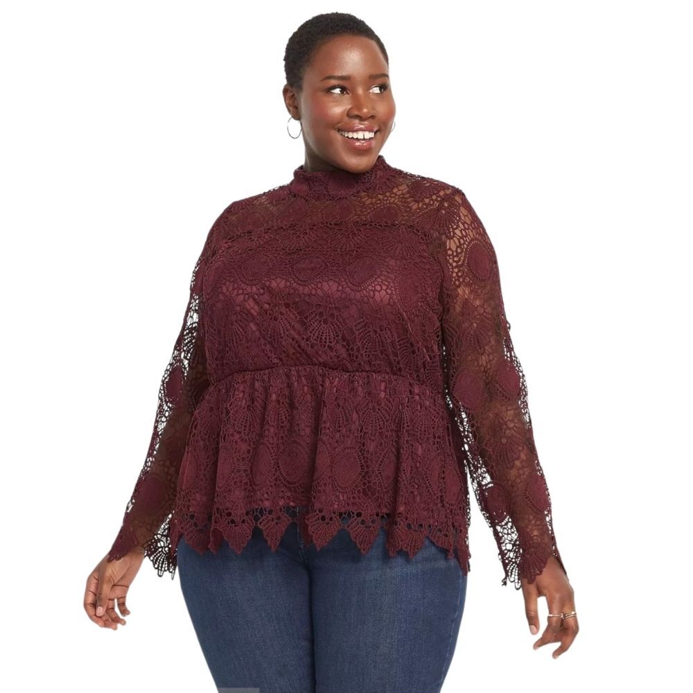 Lane Bryant Mock-Neck Illusion Lace Peplum Blouse Top Size 18